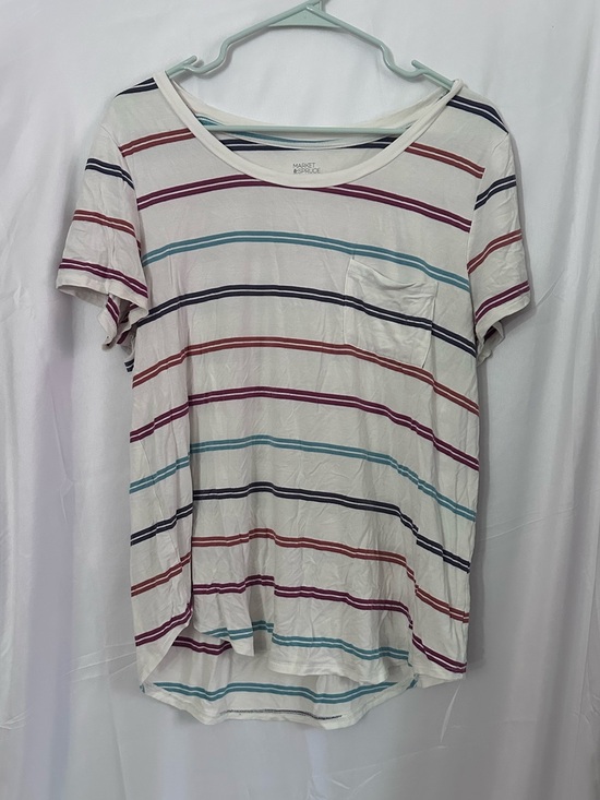 Market & Spruce Tops - Market & Spruce Cream Striped Pocket Tee with Teal, Navy & Burgundy Accents